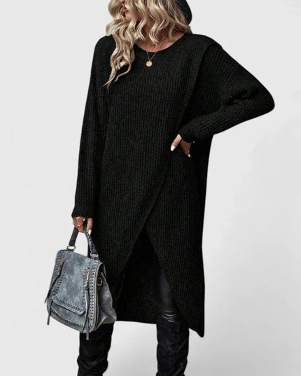 Women's V-Neck Sweater Dress, Ribbed Knit Asymmetric Hem