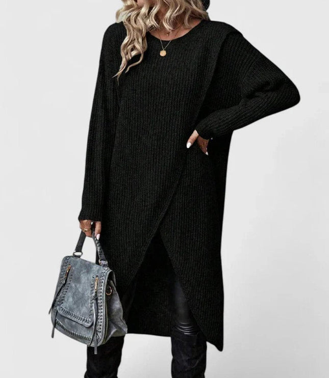 Women's V-Neck Sweater Dress, Ribbed Knit Asymmetric Hem