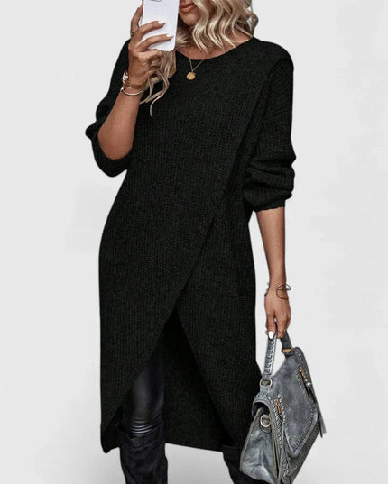 Women's V-Neck Sweater Dress, Ribbed Knit Asymmetric Hem