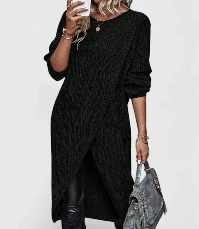 Women's V-Neck Sweater Dress, Ribbed Knit Asymmetric Hem