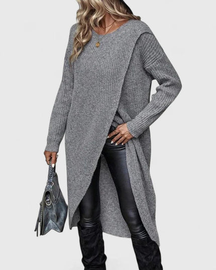 Women's V-Neck Sweater Dress, Ribbed Knit Asymmetric Hem