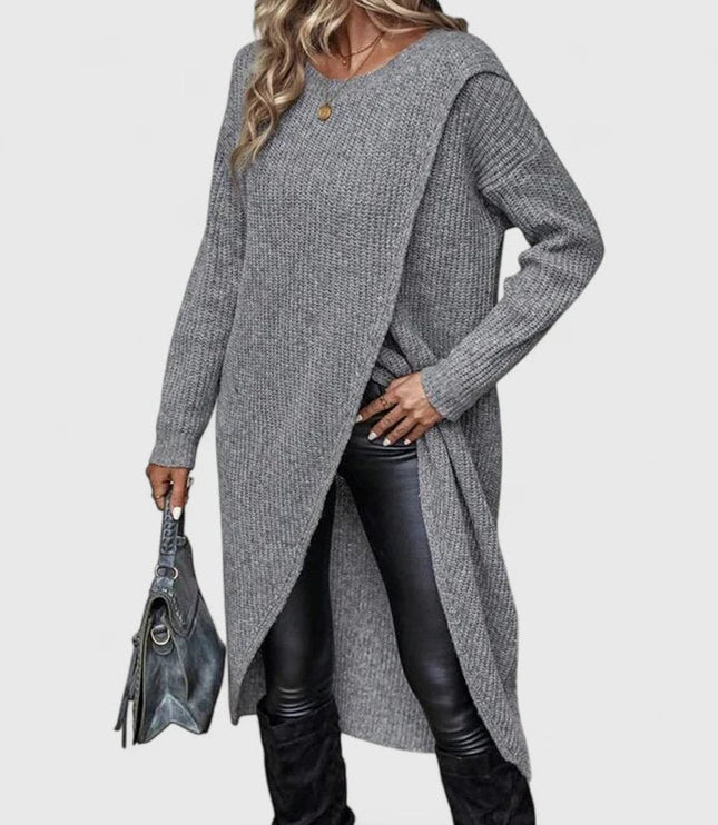 Women's V-Neck Sweater Dress, Ribbed Knit Asymmetric Hem