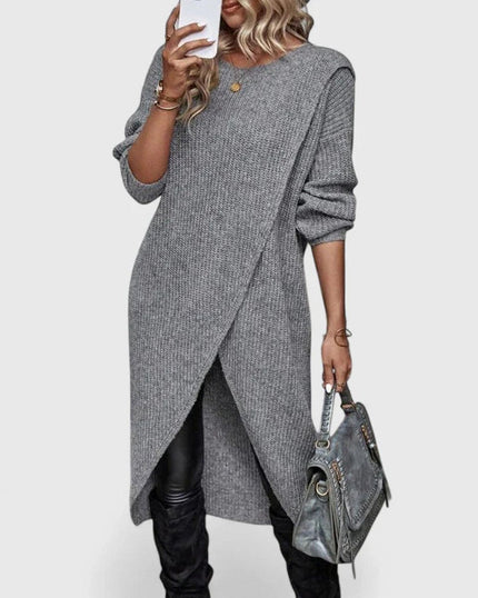 Women's V-Neck Sweater Dress, Ribbed Knit Asymmetric Hem