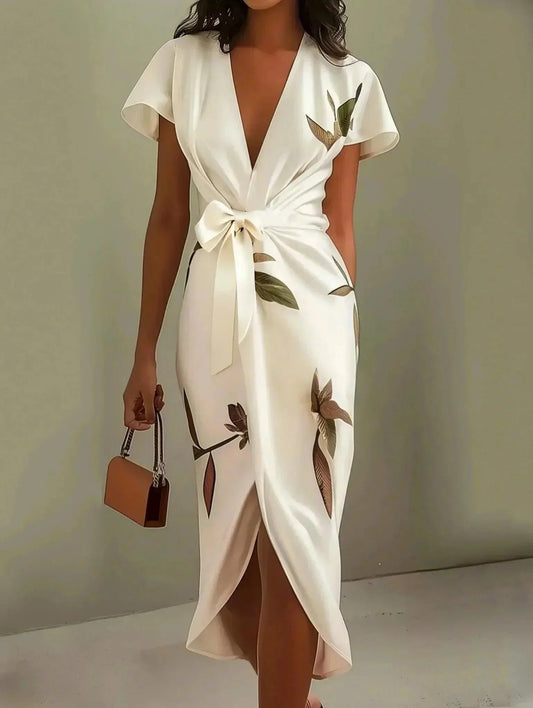 Cream wrap midi dress with leaf print and tie waist front view