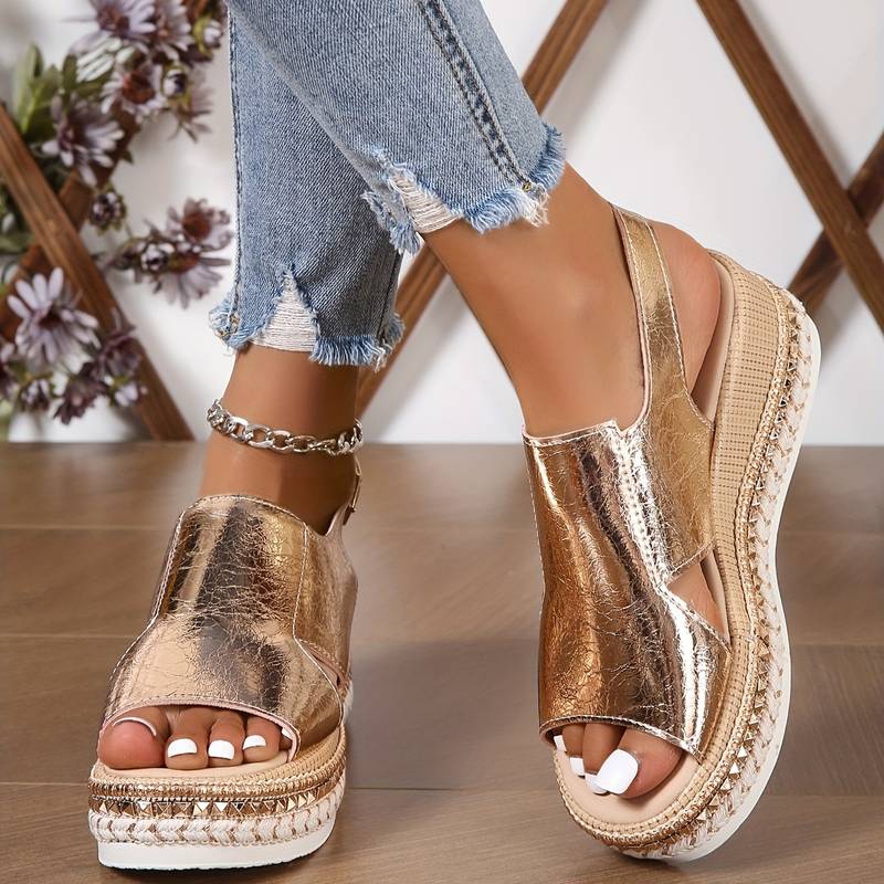 Rose gold metallic peep toe platform sandal with woven sole detail