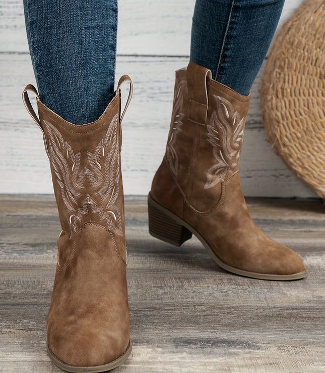 Women's Western Boots, Wide Calf and Embroidered Pull On