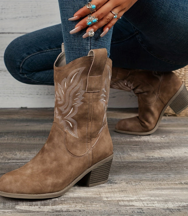 Women's Western Boots, Wide Calf and Embroidered Pull On