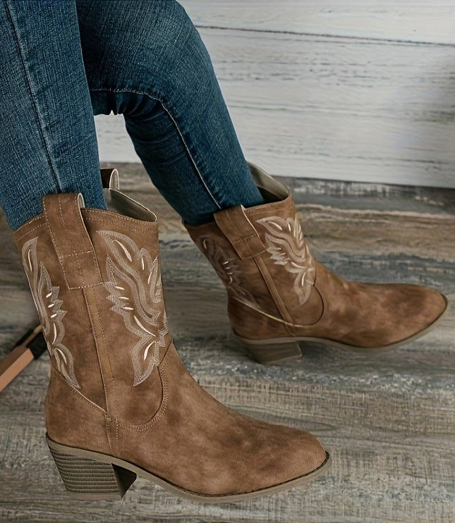 Women's Western Boots, Wide Calf and Embroidered Pull On