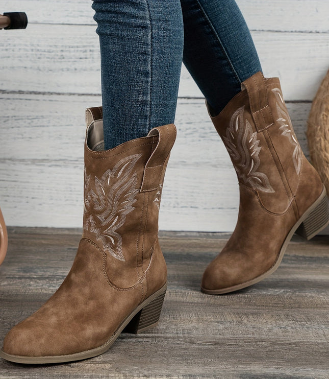 Women's Western Boots, Wide Calf and Embroidered Pull On
