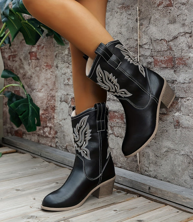 Women's Western Boots, Wide Calf and Embroidered Pull On