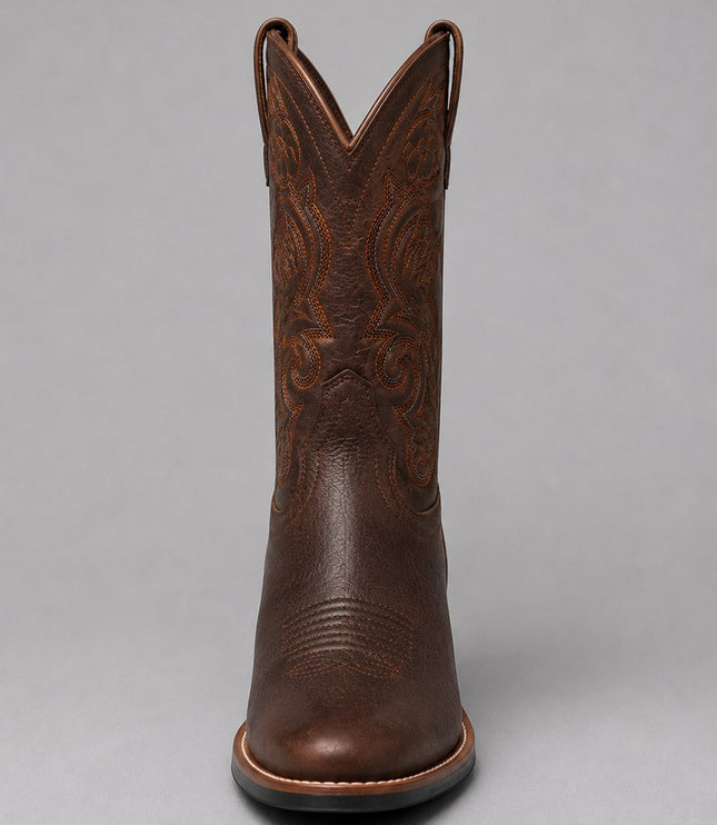Women's Western Cowboy Boots in Embroidered Brown Leather