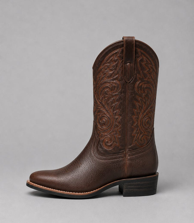 Women's Western Cowboy Boots in Embroidered Brown Leather