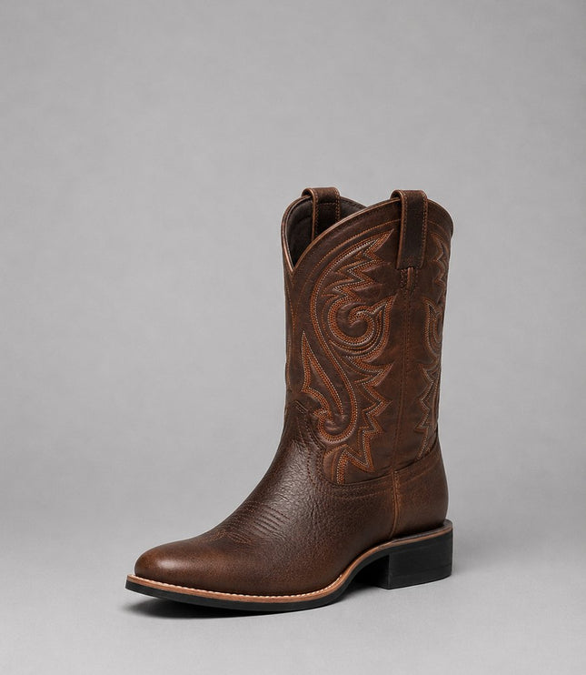 Women's Western Cowboy Boots in Embroidered Brown Leather