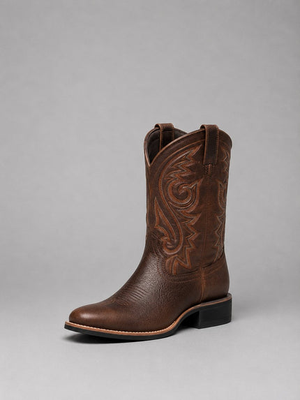 Women's Western Cowboy Boots in Embroidered Brown Leather