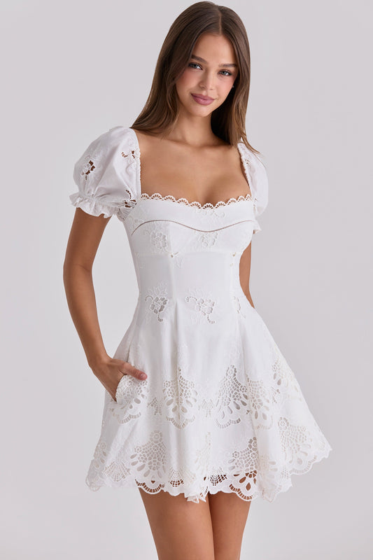 Women's White Cotton-Look Mini Summer Wedding Guest Dress