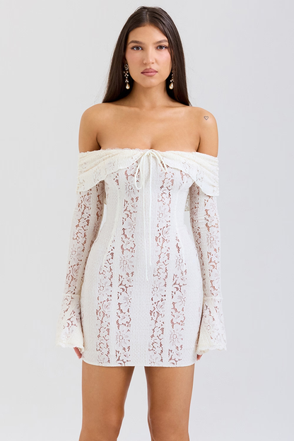 Women's White Off Shoulder Lace Wedding Guest Dress