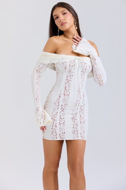 Women's White Off Shoulder Lace Wedding Guest Dress