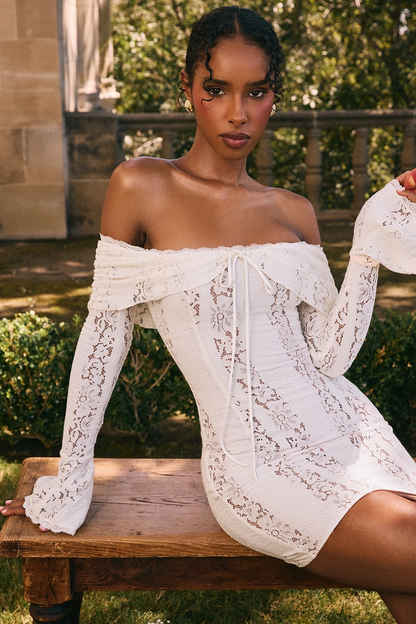 Women's White Off Shoulder Lace Wedding Guest Dress