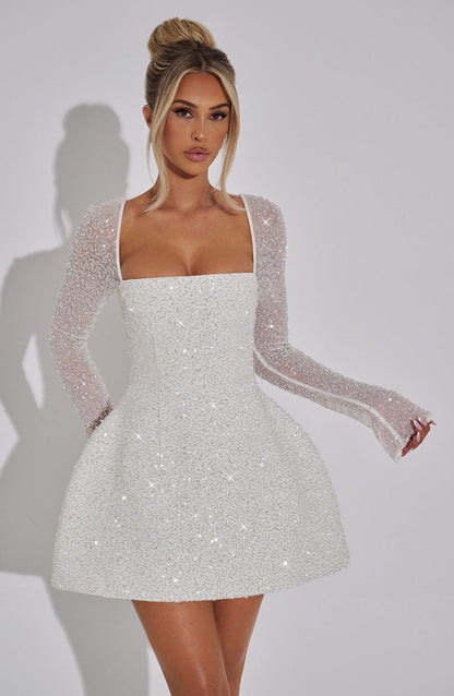 Women's White Square Neck Cocktail Mini Dress