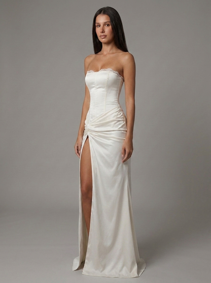 Women's White V-Neck Satin Maxi Dress for Wedding Guests