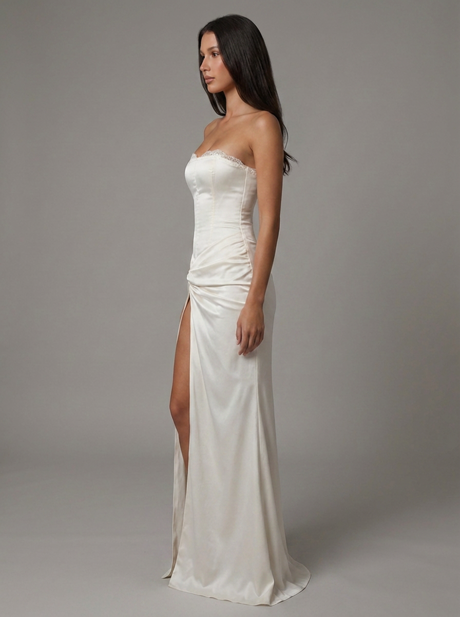 Women's White V-Neck Satin Maxi Dress for Wedding Guests
