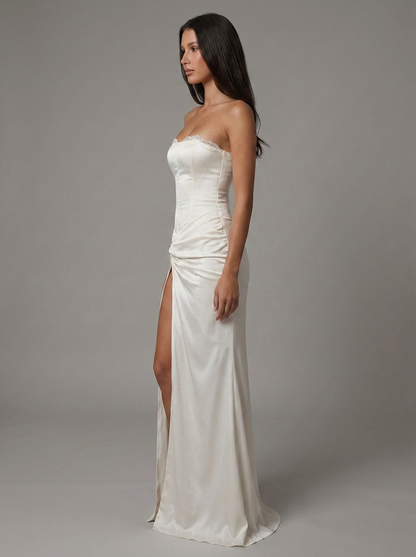 Women's White V-Neck Satin Maxi Dress for Wedding Guests