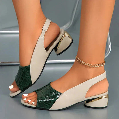 Dark green crocodile print peep toe slingback sandal with cream upper
