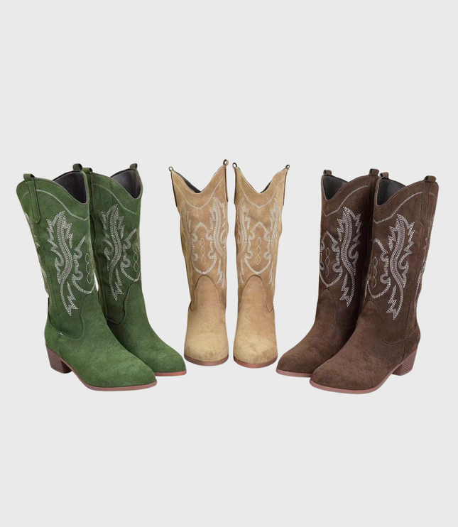 Women's Wide Calf Slip On Western Boots with Block Heel