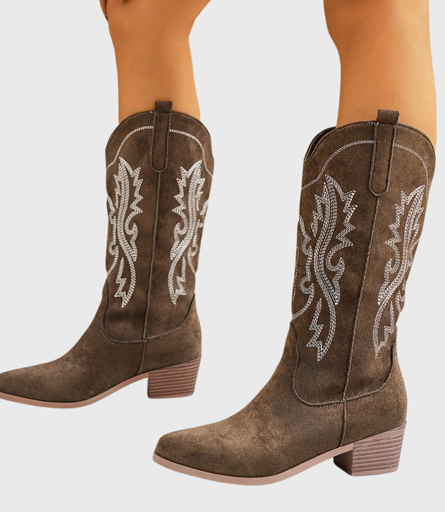 Women's Wide Calf Slip On Western Boots with Block Heel
