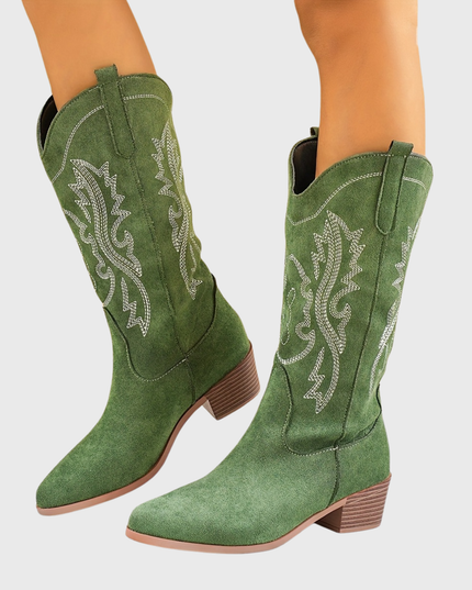 Women's Wide Calf Slip On Western Boots with Block Heel