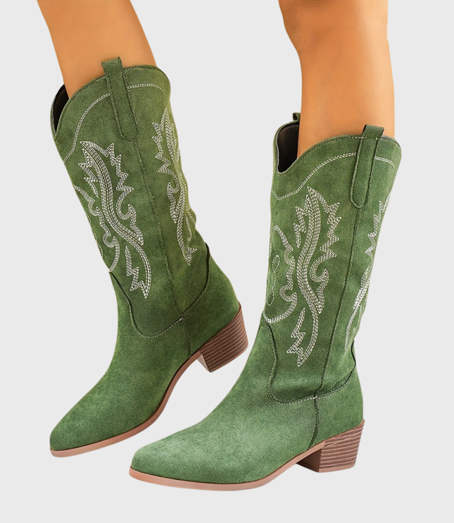 Women's Wide Calf Slip On Western Boots with Block Heel