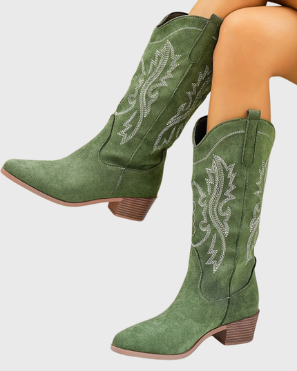 Women's Wide Calf Slip On Western Boots with Block Heel