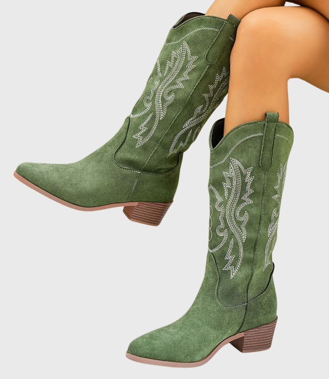 Women's Wide Calf Slip On Western Boots with Block Heel