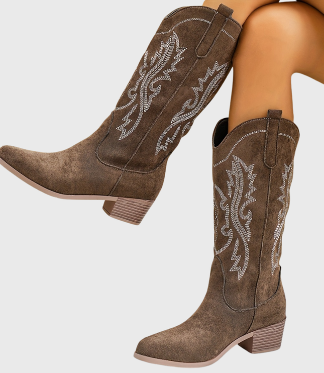 Women's Wide Calf Slip On Western Boots with Block Heel