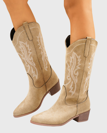 Women's Wide Calf Slip On Western Boots with Block Heel