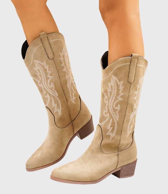 Women's Wide Calf Slip On Western Boots with Block Heel