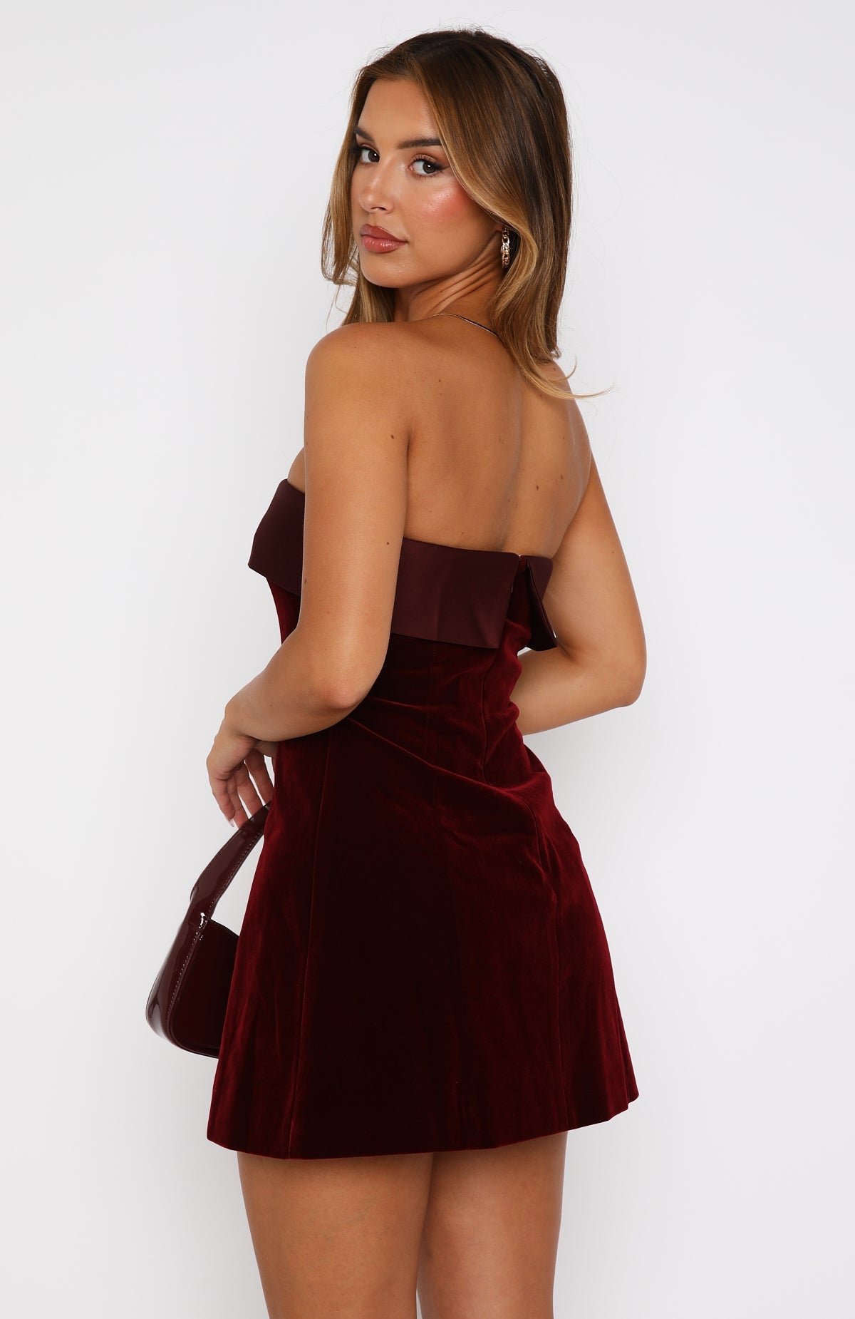 Women's Wine Red Strapless Velvet Cocktail Mini Dress
