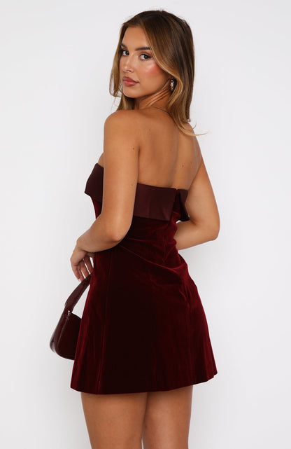 Women's Wine Red Strapless Velvet Cocktail Mini Dress