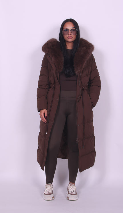 Women's Winter Coat in Quilted Faux Fur, Long Hooded Cut