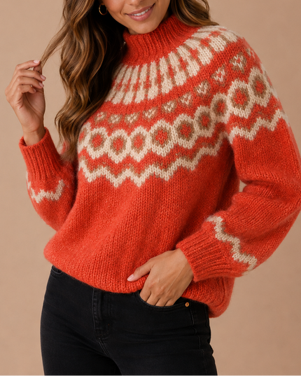 Women's Winter Knit Sweater in Fair Isle, Nordic Turtleneck