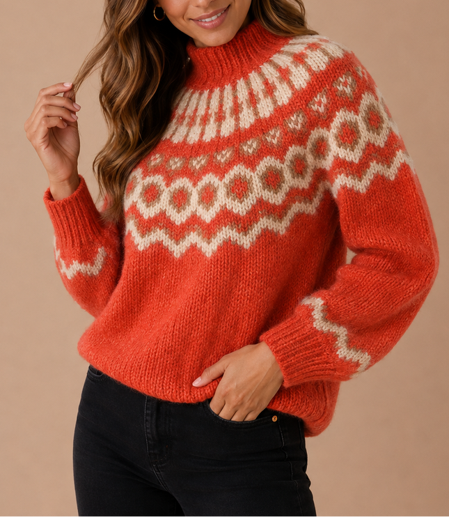 Women's Winter Knit Sweater in Fair Isle, Nordic Turtleneck