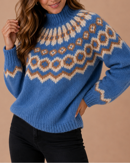 Women's Winter Knit Sweater in Fair Isle, Nordic Turtleneck