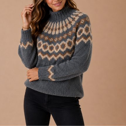 Women's Winter Knit Sweater in Fair Isle, Nordic Turtleneck