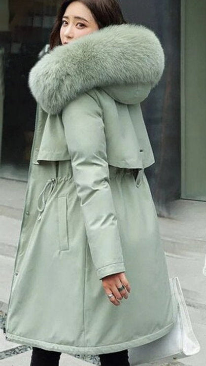 Women's Winter Parka with Hood and Faux Fur Collar, Long Cut