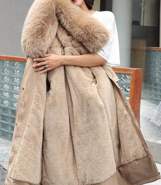 Women's Winter Parka with Hood and Faux Fur Collar, Long Cut