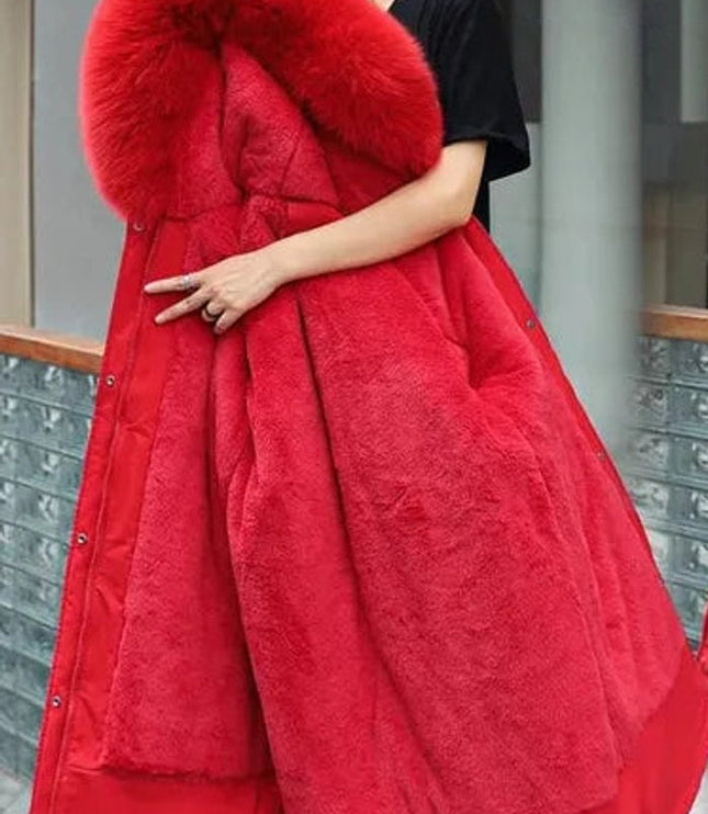 Women's Winter Parka with Hood and Faux Fur Collar, Long Cut