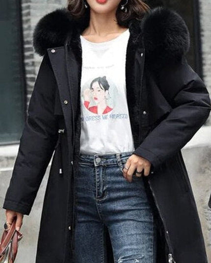 Women's Winter Parka with Hood and Faux Fur Collar, Long Cut
