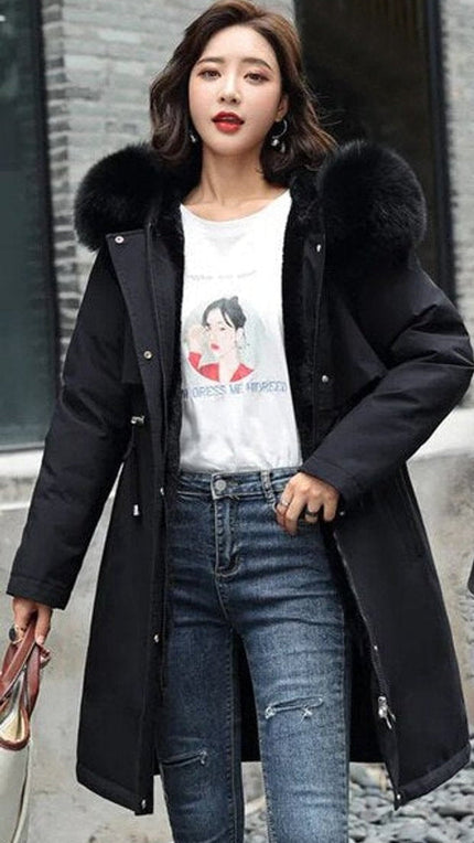 Women's Winter Parka with Hood and Faux Fur Collar, Long Cut