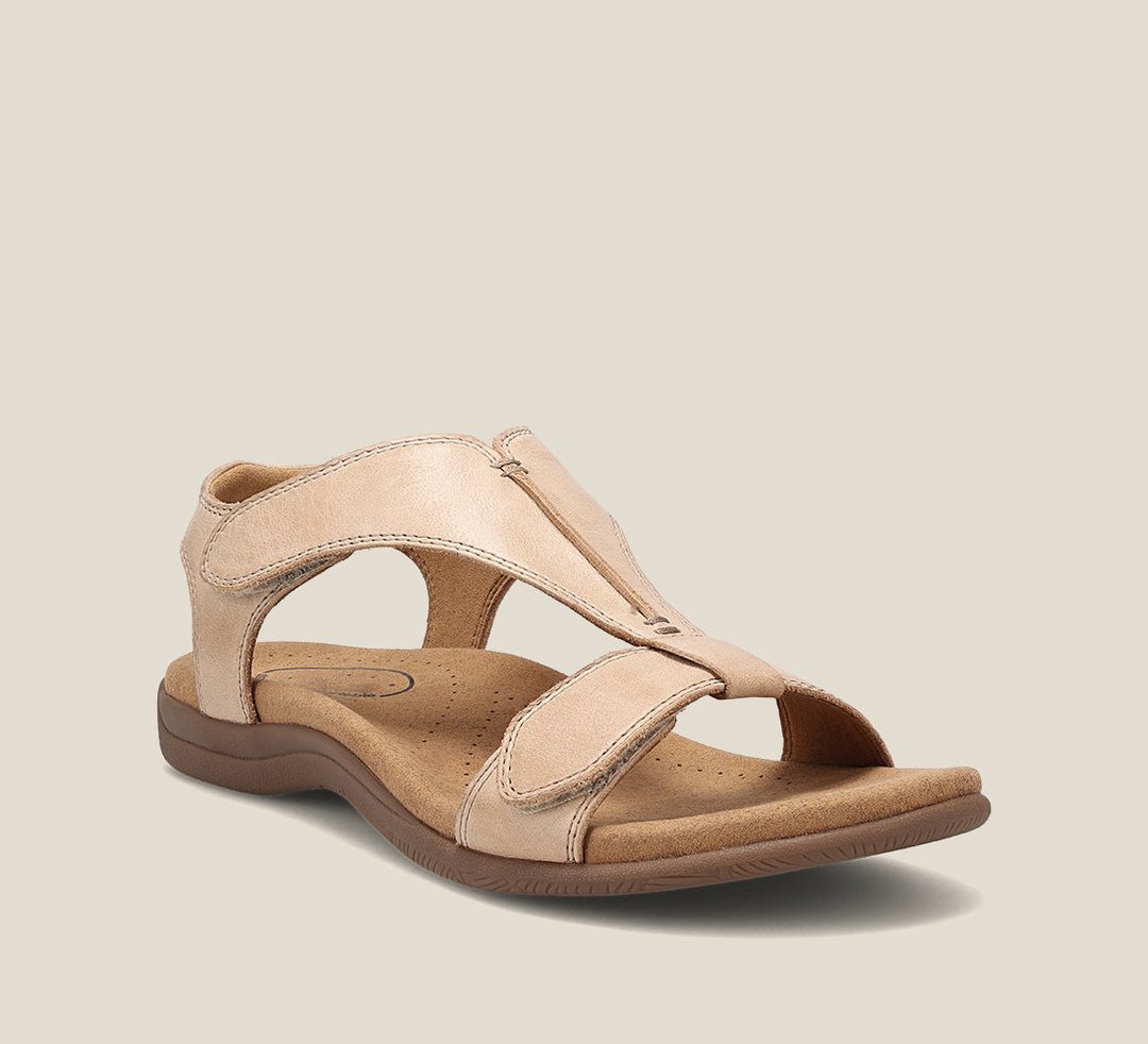 Beige leather t-strap orthopedic sandal with padded insole and adjustable closure