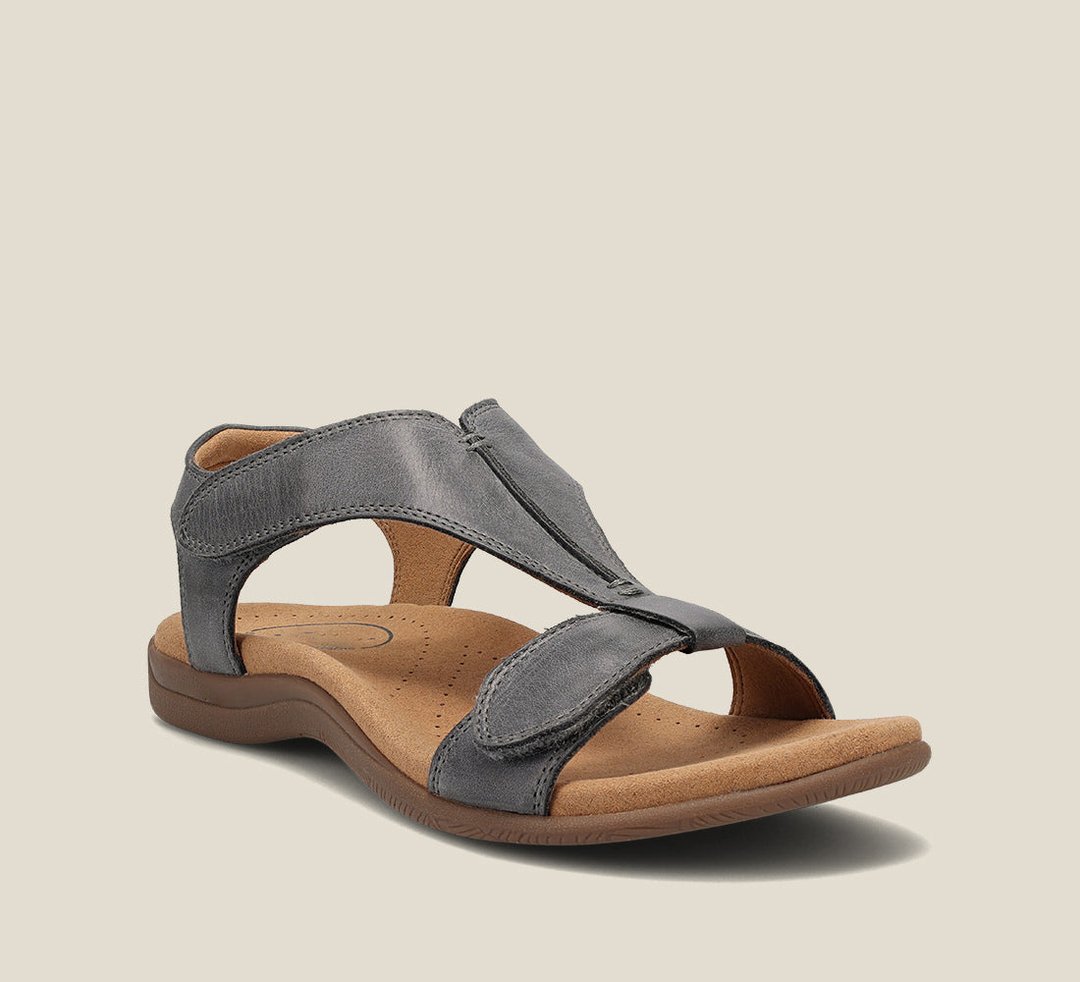 Dark gray t-strap orthopedic sandal with leather upper and supportive midsole